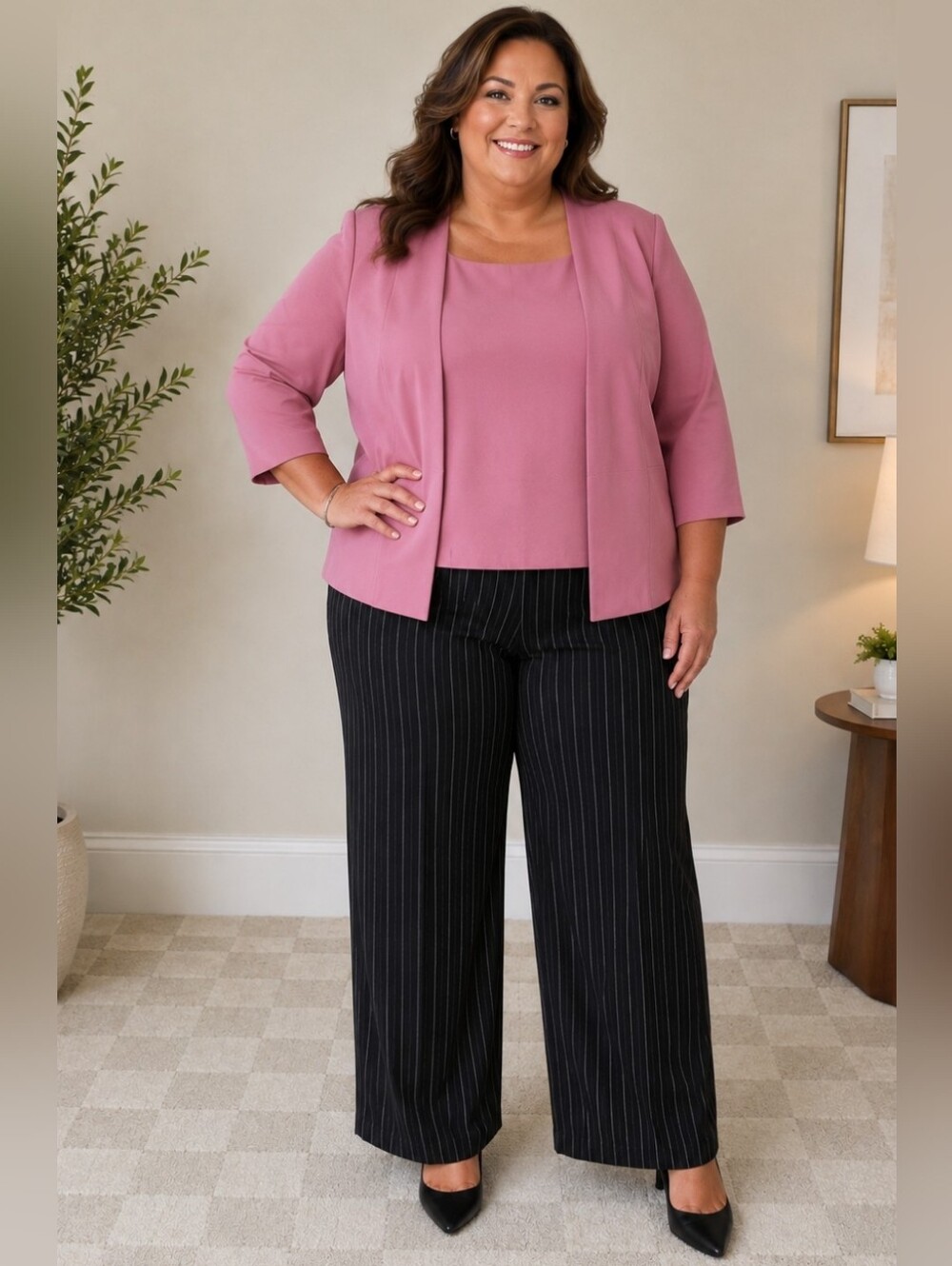 DressBarn 3-Piece Pant Suit Set – Pink Jacket & Shell with Black Pinstripe Pants